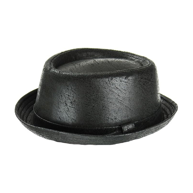 H64 Unisex Black Cracked Leather Effect Pork Pie Trilby Hat - Distressed Vintage Look, Soft Finish