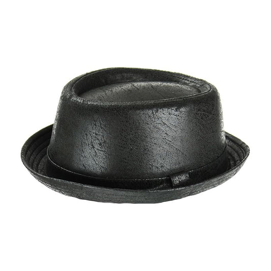 H64 Unisex Black Cracked Leather Effect Pork Pie Trilby Hat - Distressed Vintage Look, Soft Finish